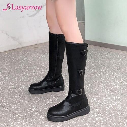 Lasyarrow 2019 Chunky Low Heel Autumn Winter Knee High Boots Women Buckle Strap Black Silver Knight Riding Boots Female Shoes
