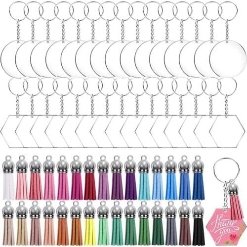 DIY Acrylic Clear Keychain Rings Transparent Blank Round Circle Tassels Keyring Set DIY To Drawing, Carving, Sticker Decoration
