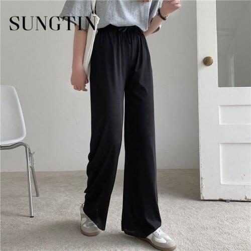 Sungtin Summer New 2021 Quality Women Pants Oversize Wide Leg High Elastic Waist Oversize Lady Straight Trousers Thin Comfort