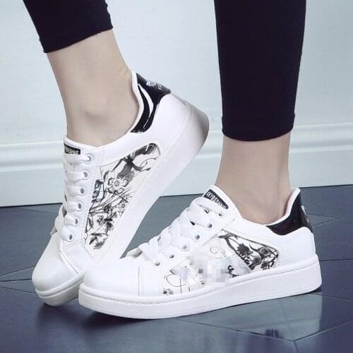 2019 Sport Women Sneaker Running Shoes PU Leather Print Flower Ladies Shoes Students White Shoes zapatos de mujer Zapatillas