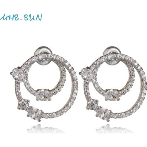 MHS.SUN Women Jewelry Stud Earrings Double Circle Zircon Crystal Earrings Fashion Girls Ear Stud For Best Friend Gift