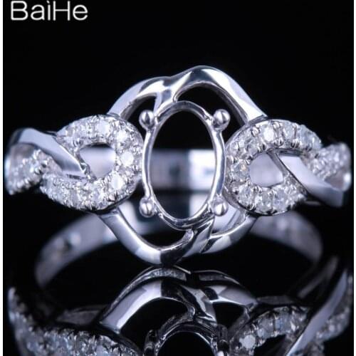 BAIHE Solid 14K White Gold Oval Engagement Women Trendy Fine Jewelry Exquisite half-support diamond Semi Mount Ring