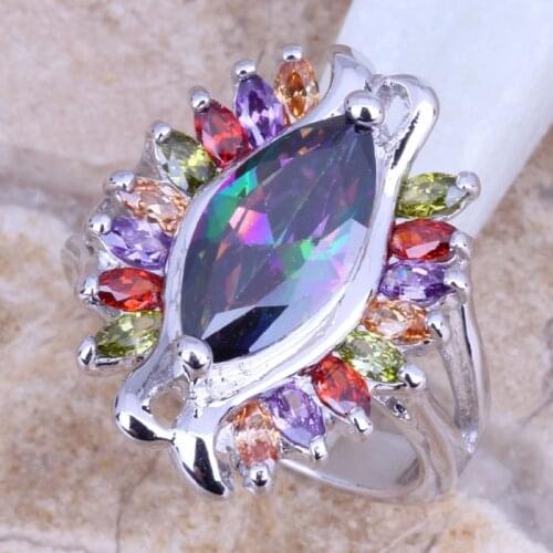 Pretty Rainbow Cubic Zirconia Multigem Silver Plated Womens Ring Size 6 / 7 / 8 / 9 E783