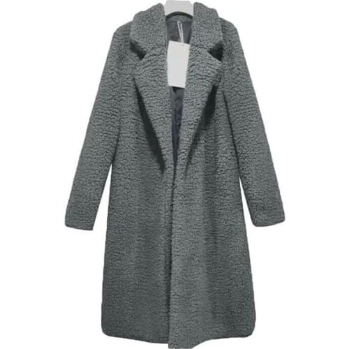 Winter Casual Solid Coat Women Long Sleeve Fleece Long Jacket Turn Down Collar Lamb Fur Coat Outerwear