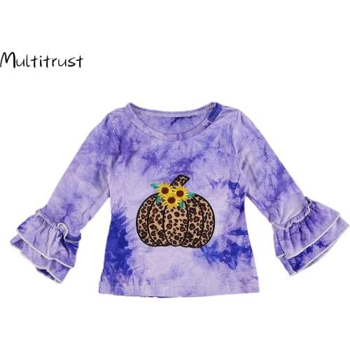 2020 Toddler Baby Girls Halloween Outfits Round Neck Tie-Dye Pumpkin Flared Long Sleeve T-Shirts Tops
