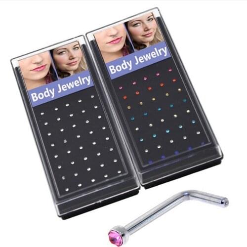 40pcs 2mm CZ Gem L Shape Nose Studs Ring Surgical Steel 20G Nose Bone Piercing