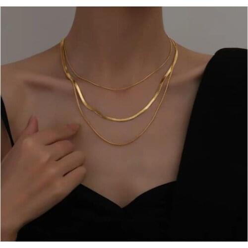 AOMU Multi Layered Flat Blade Snake Link Chain Choker Necklace Women Vintage Jewelry Metal Simple Gold Color Collar Neckl