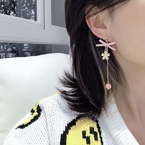 Asymmetry Flower Rabbit Drop Earrings for Women Girl Pink Bow-knot Tassel Bohemian Earring Female Fashion Jewelry Lady Gift