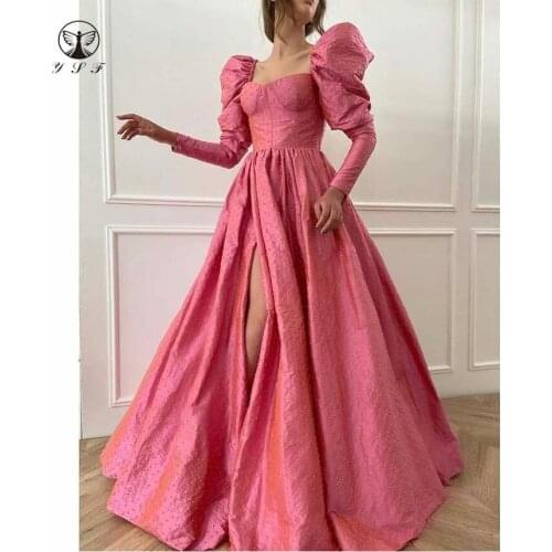 Elegant Hot Pink Square Beaded Pearls Puffy Long Sleeve Pleated Thigh High Slit Floor Length Prom Dresses