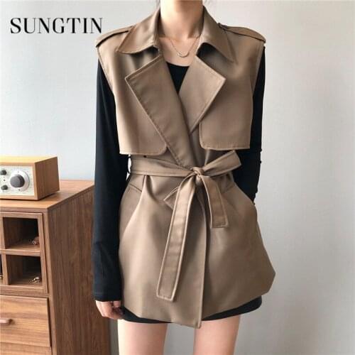 Sungtin Elegant OL Sashes Trench Vest Women Autumn Lapel Lace Up Waistcoat Female Office Lady with Belt Loose Sleeveless Jacket