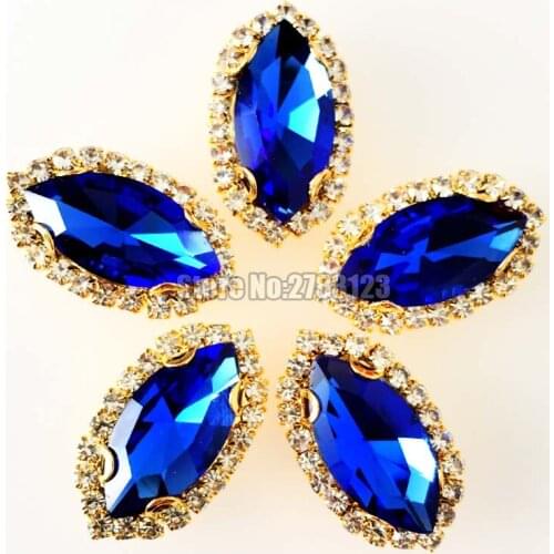 Royalblue Horse eye shape faltback Gold bottom Crystal button,sew on AAA+ Glass Crystal rhinestones diy/Clothing accessories