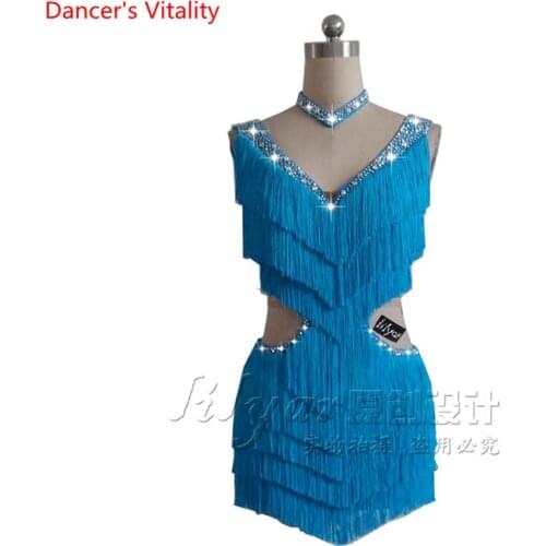 Custom Made Latin Dance Competition Performance Suit Sleeveless Tassel Dance Dress Lake Blue Rhinestone V-neck