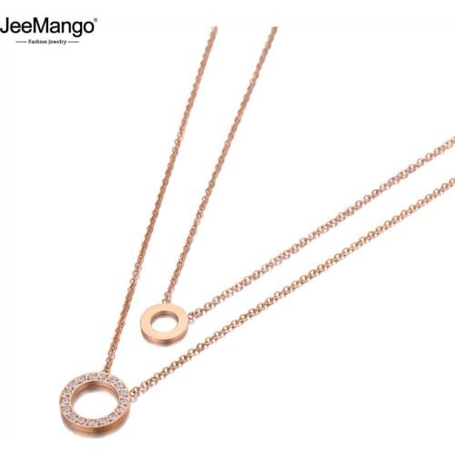 JeeMango Stainless Steel Double-layer Double Circle Charm Choker Necklace Bohemia CZ Crystal Pendant Necklace For Women JN20113