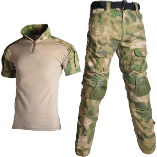 Military Camouflage Uniform Summer Tactical Shirt Pants Army Frog Combat Ghillie Suits Hunting Short Shirt Pants Knee Pads Sets