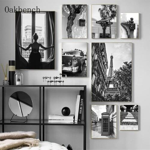 City Architecture Canvas Painting Black And White Wall Posters Tower Print Window Girl Poster Nordic Wall Pictures Home Decor