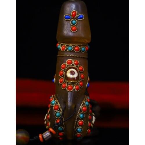 4"Tibet Temple Collection Old Natural Crystal Filigree mosaic Gem Dzi Bead Giant sun god genitals Pendant Town House