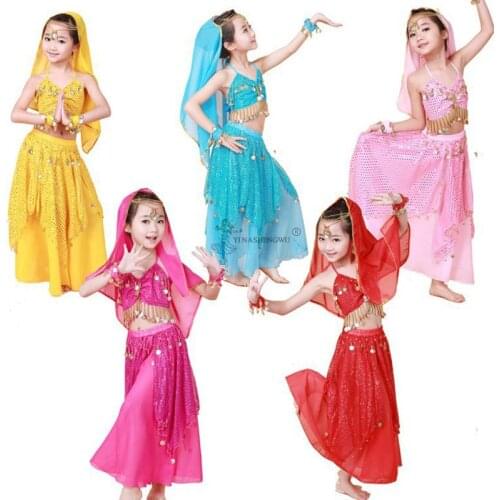 Kids Belly Dance Costume Set Performance Indian Bollywood Oriental Children Dancing Skirt Bellydance Dress Chiffon Clothing 5pcs