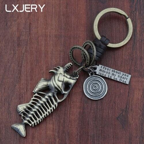 LXJERY Creative Skeleton Fish Bone Keychain Punk Leather Weave Key Ring For Women Bag Charm Pendant Key Chain Gifts