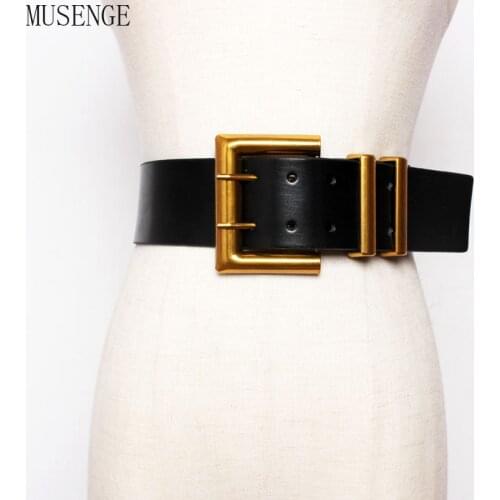 Fashion Women Wide Belt Gold Big Mental Double Pin Buckle Female Black PU Leather Belts Dress Coat Waist Corset Strap Luxury