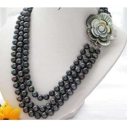 Jew3116 triple strands natural 8-9mm tahitian black pearl necklace 18-20inch NEW