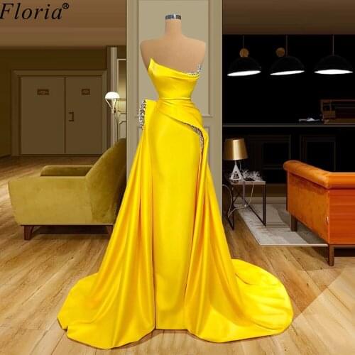 New Fashion Yellow Cocktail Dresses Mermaid Long Strapless Prom Dresses Women Beads Wedding Party Dresses Robes De Bal Custom