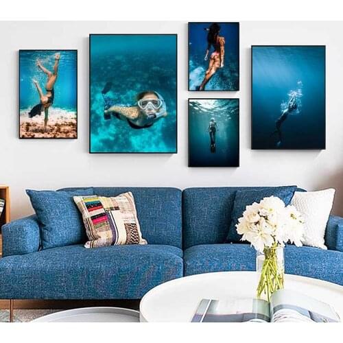 Blue Ocean Diving Goddess Canvas Painting Wall Art Nordic Posters and Prints Wall Pictures for Living Room Decoration Frameless