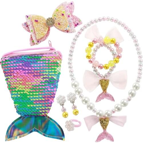 Princess Baby Girl Little Bow Hairpin Cartoon Role Necklace Sequin Coin Bag Kids Bracelet Ear clips Accessories Princess Supply