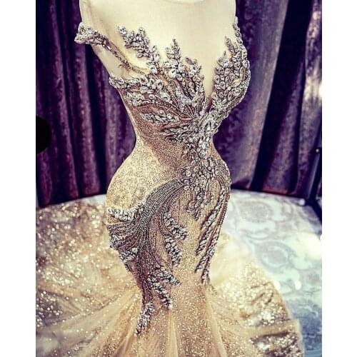 Champagne Mermaid Wedding Dresses Luxury Crystal Beads Sequin Lace Sweep Train Wedding Dress Real Picture Sheer Cap Sleeve Brid