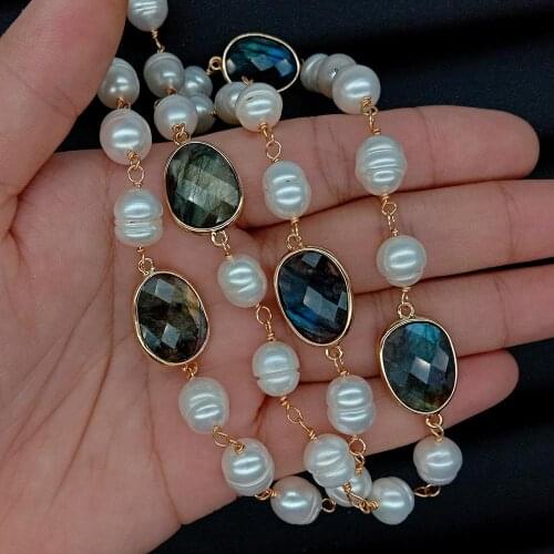 Y·YING natural White Rice freshwater Pearl Rosary Chain labradorite Bezel Set sweater chain Necklace 28"