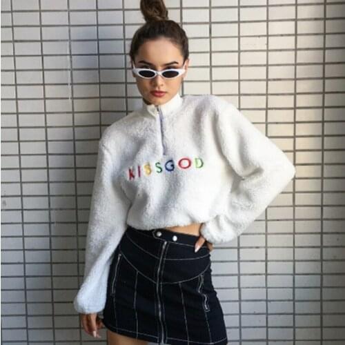 Womens Warm Lamp Wool Sweater, Long Sleeve High Collar Zipper Front Top with Adjustable Inner Drawstring in Waist