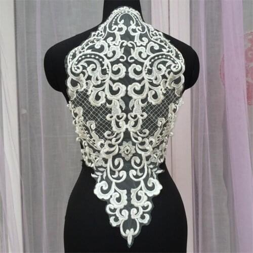 3 Pieces Vintage Ivory Big Lace Applique Embroidery Flower Dress Back Applique Bridal Gowns Accessories 55cm*30cm