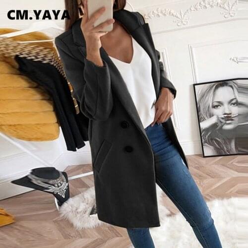 CM.YAYA Women Wool Blends Solid Full Sleeve Notched Collar Single Breasted Loose Straight Long Coats with Pockets Winter Clothes