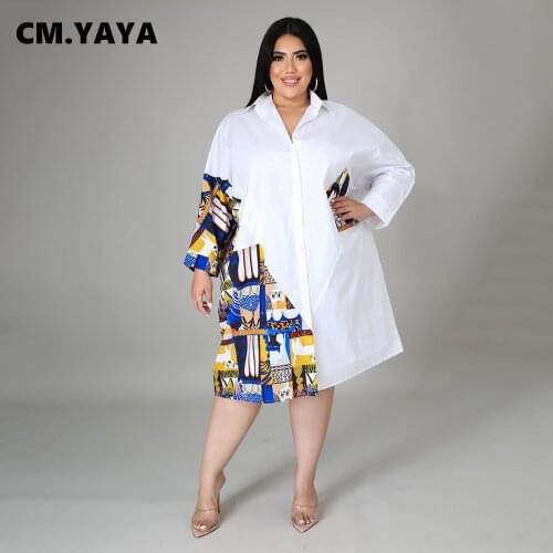 CM.YAYA Women Plus Size Dress Patchwork Full Sleeve Single Breasted Loose Straight Midi Dresses Fashion Casual Vestidos Summer