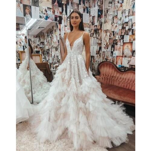 Spaghetti Sequined A Line Wedding Dresses Beaded Tiered Bridal Gowns Deep V Neck Court Trian Tulle Backless Vestidos De Novia