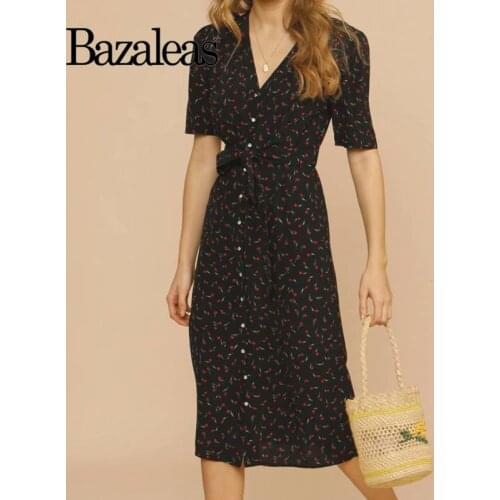 Bazaleas Elegant Black Tulip Print Vestidos Retro Flowy Shirt Summer Dresses Vintage Sashes Midi Women Dress