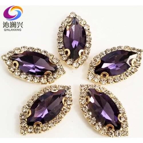 Gold bottom Deep purple Top grade Glass Crystal buckle, eye shape sew on rhinestones with holes,Diy/jewelry accessories SWEKG17