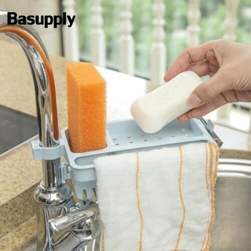 Basupply 1Pc Kitchen Faucet Sponge Rack with Towel Holder Soap Box Organizer Hanging Drain Shelf Bahroom Faucet Accessories