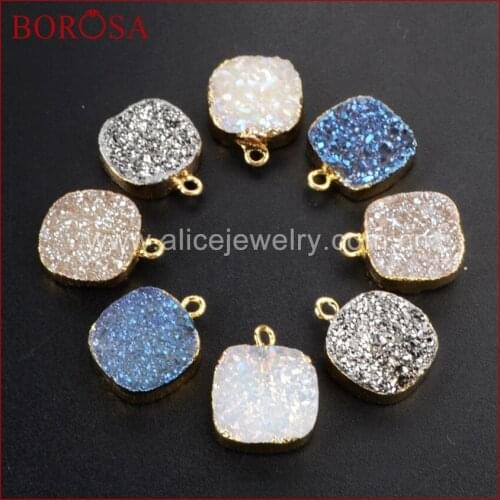 BOROSA Gold Color Druzy Jewelry 10 pcs Square Rainbow Natural Crystal Druzy Titanium Druzy Charm G1074