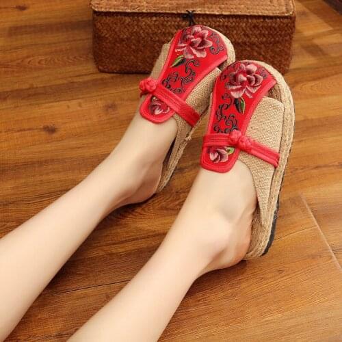 Flower Embroidery Handmade Ladies Cotton Linen Flat Espadrilles Shoes Summer Vintage Women Casual Comfortable Mules Slippers
