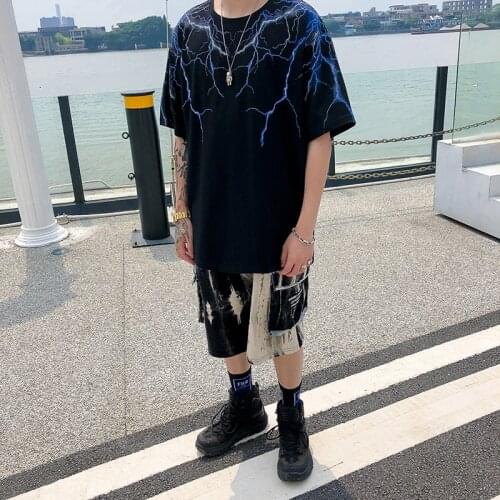 Streetwear Dark Lightning Print T Shirt Hip Hop Men Harajuku Tshirt Short Sleeve Cotton T-Shirt Fashion Black Casual Tops Tees