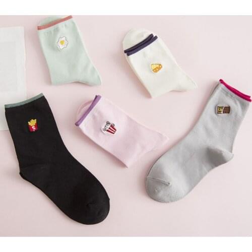 Korean Creative Fashion Embroidery Cartoon Snacks French Fries Popcorn Egg Calcetines Mujer Pure Color Cute Harajuku Funny Socks