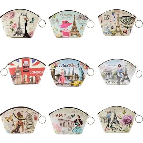 Fashion Eiffel Tower PU Zipper Shell Coin Purse Girls Mini Change Plush Purse Mini Women Wallet Small Pouch Handbag Headset Bag
