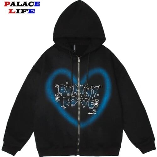 Hip Hop Streetwear Hooded Jacket Men 2021 Graffiti Heart Letter Bear Print Jacket Coat Couple Harajuku Cotton Jacket Outwear