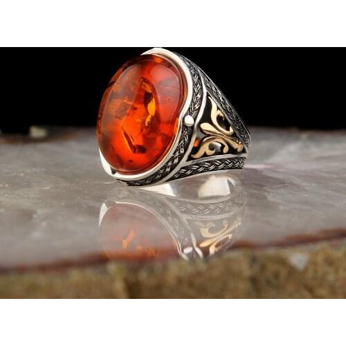 Solid 925 Sterling Silver Oval Baltic Amber Stone Mens Ring