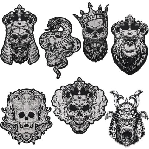 Punk Style Patches Skeleton Head Applique Iron On Stickers Crown Orangutan Embroidery Patch For Biker Clothes Large Patches