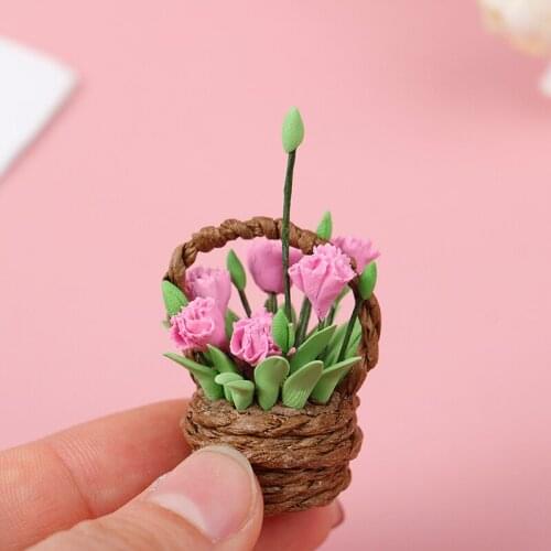 1:12 New Dollhouse Miniature Accessories Mini Resin Carnation Potted Plant Simulation Flower Model Kid Toys for Doll House Decor