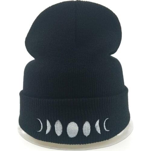 Autumn Winter Cap Black Moon Embroidery Wool 1Pcs European Style Keep Warm Unisex Knitted Hat Fashion Headgear Caps