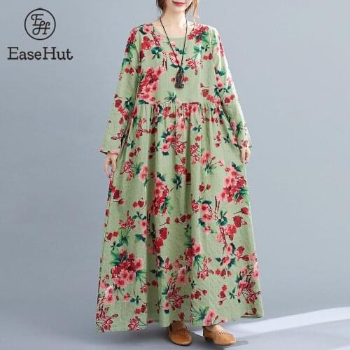 EaseHut Autumn Vintage Floral Printed Maxi Dresses Women Long Sleeve Casual Sundress Bohemian Femme Robe Cotton Linen Vestidos