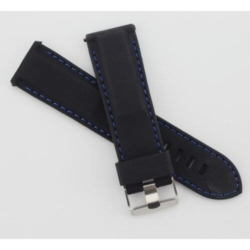 Outdoor Sport 24mm Black Silicone Rubber Watch Strap blue Stitching Band Replacemrnt Pin Buckle watchband