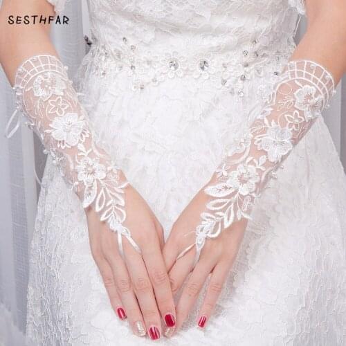 Bridal Wedding Gloves Fingerless Bride Gloves ucuz Flower Rhinestone Short Women Accessories